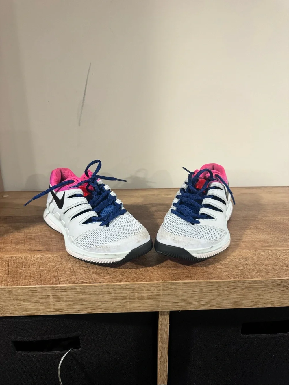 Nike Women's White Sneakers with Pink Lining and Navy Laces